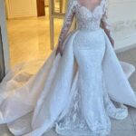 Ivory Hand Beaded with illusion neck wedding ball gown